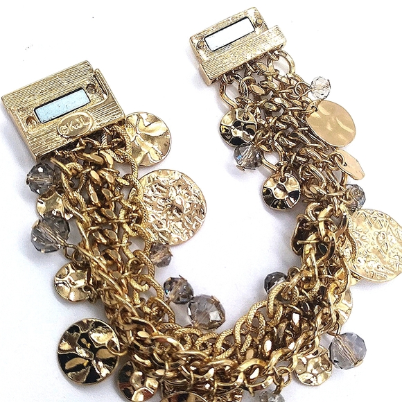 Vintage KJL Gold Hammered Disc Charm Bracelet-Aurora Borealis-Kenneth Jay Lane - Picture 2 of 4